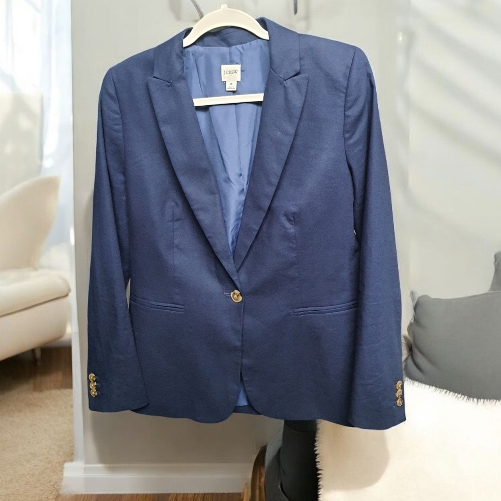 J. CREW Womens Linen Cotton Blazer Bright Navy Blue Peak Lapel Business Casual - Picture 10 of 14